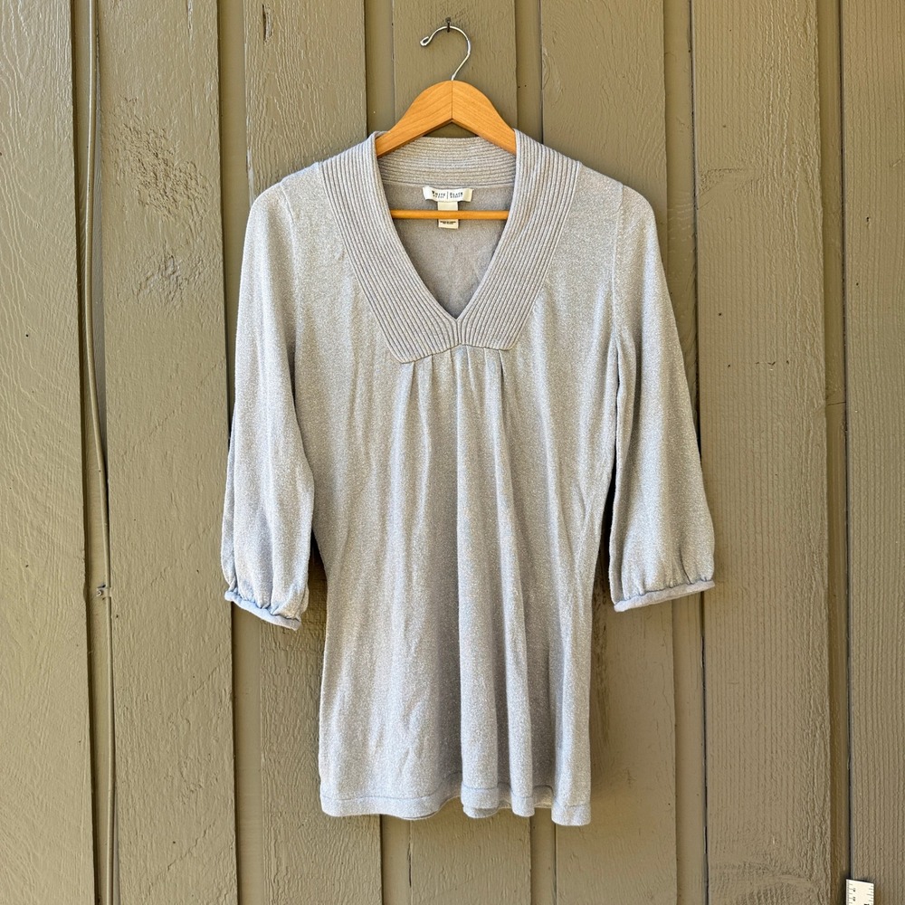 White House Black Market Metallic Tunic Sweater Large Silver Shimmer 3/4 Sleeve